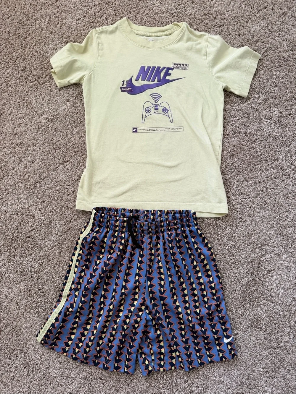 Nike Yellow Short-Sleeve Tee with Patterned Navy Shorts Set